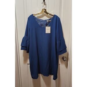 NEW! Belongsci Womens XL Shift Dress Blue V-Neck Lined Ruffle Bell Sleeve